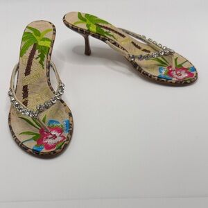 Beverly Feldman Tropical Floral Heels Sandals Rhinestone Accents Shoes 10